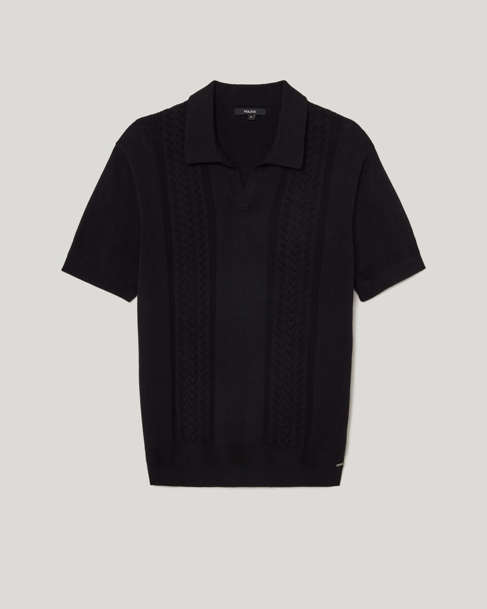 Pointelle Panelled Trophy Neck Knit, Black, hi-res